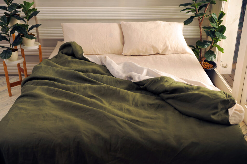 natural and olive green french linen duvet cover